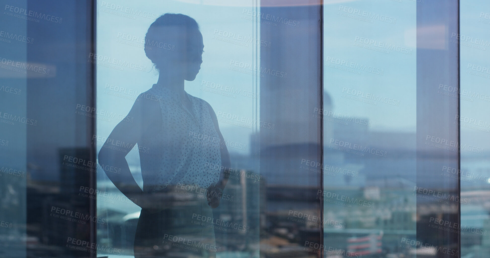 Buy stock photo Business woman, window and thinking with reflection in city for corporate vision on space. Female person, employee or attorney with mirror glass in confidence or company building for infrastructure