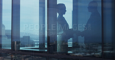 Buy stock photo Window, business people and handshake for deal, agreement or investment for company integration. Buyer, meeting and shaking hands in office for trust, partnership acquisition and thank you for merger