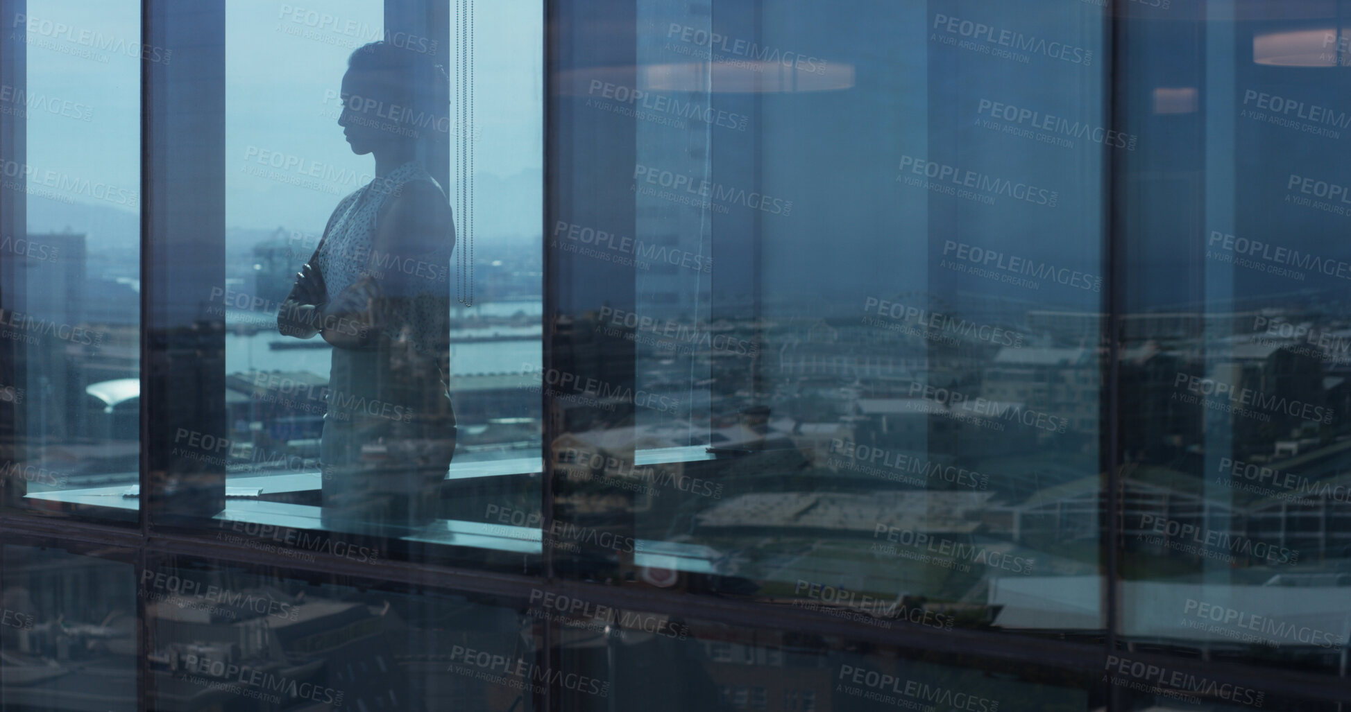 Buy stock photo Window, thinking and business woman with arms crossed, view and realtor with insight in office space. Reflection, confidence and worker with decision for real estate, problem solving or property idea