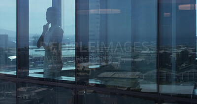 Buy stock photo Window, thinking and business woman with idea, view and realtor with insight in office space. Reflection, inspiration and worker with decision for real estate, problem solving or vision for property