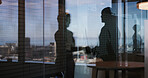 Business people, shaking hands and silhouette at office, deal and congratulations for promotion. HR consultant, onboarding and handshake for welcome, hiring and support by window at finance agency