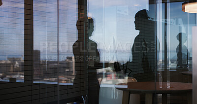 Buy stock photo Business people, shaking hands and silhouette at office, deal and congratulations for promotion. HR consultant, onboarding and handshake for welcome, hiring and support by window at finance agency