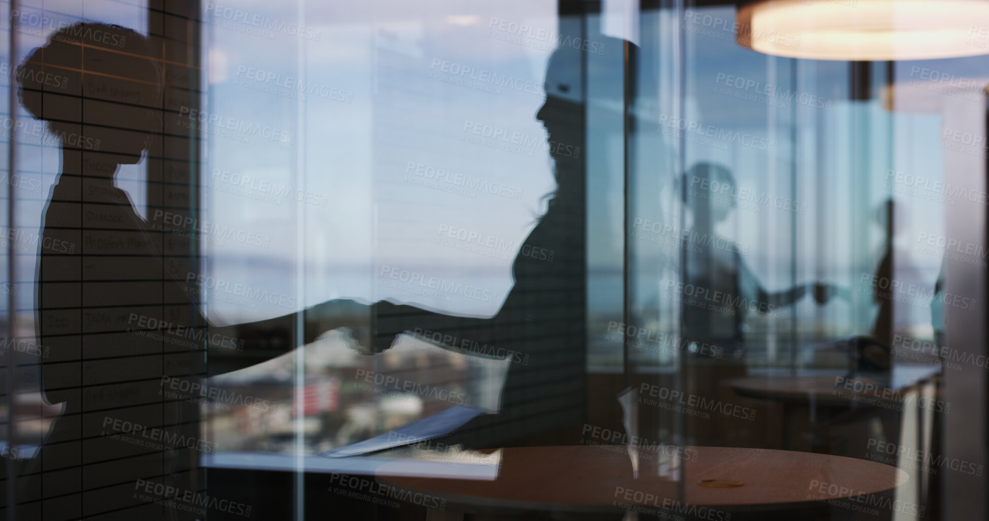 Buy stock photo Business people, handshake and silhouette at office, agreement and deal b2b collaboration. Partnership, employee and shaking hands with success, reflection and thanks with recruitment by window
