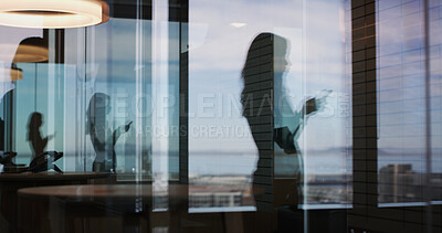 Buy stock photo Window, silhouette and business woman with phone for communication, text or check insurance email. Mobile, reading and worker in office or schedule, review policy and risk management with reflection