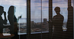 Window, silhouette and business woman with mobile for communication, text or check insurance email. Phone, reading and worker in office or schedule, review policy and risk management for coworking