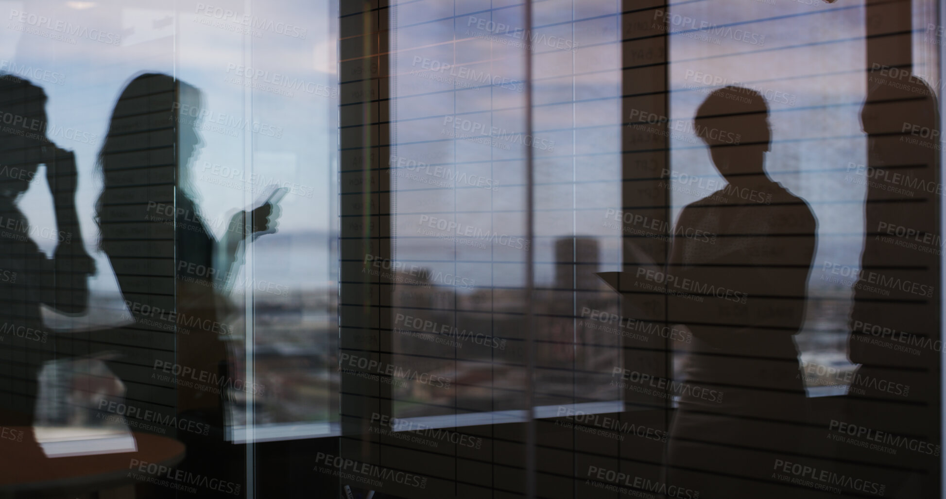 Buy stock photo Window, silhouette and business woman with mobile for communication, text or check insurance email. Phone, reading and worker in office or schedule, review policy and risk management for coworking