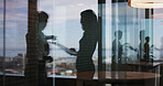 Discussion, window reflection and business women in office with partnership for finance report. Meeting, collaboration and female financial advisors for company budget planning in workplace.