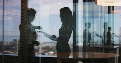 Buy stock photo Discussion, window reflection and business women in office with partnership for finance report. Meeting, collaboration and female financial advisors for company budget planning in workplace.