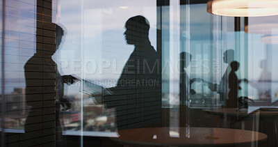 Buy stock photo Documents, window reflection and business people in office with discussion for finance report. Meeting, collaboration and financial advisor with investor for company budget planning in workplace.