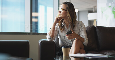 Buy stock photo Phone, thinking and waiting with business woman in office lobby for job opportunity or vacancy. App, resume and vision with candidate on sofa in workplace for hiring, interview or recruitment