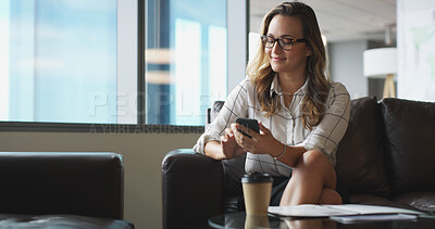 Buy stock photo Phone, recruitment and waiting with business woman in office lobby for job opportunity or vacancy. App, resume and planning with candidate on sofa in workplace for appointment, hiring or interview