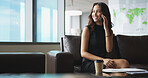 Business, woman and smile with phone call in office for discussion, feedback and global expansion. Happy, realtor and conversation on mobile of property development, client consultation and b2b offer