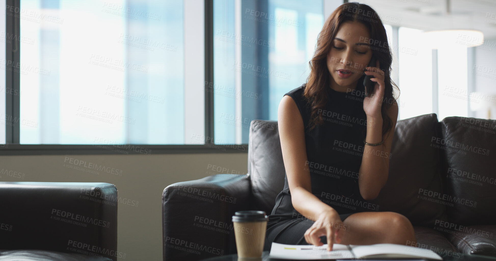 Buy stock photo Business, woman and reading paperwork with phone call for discussion, finance contact and investment. Person, mobile and conversation with document, financial report and chat for proposal information