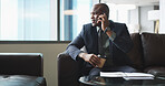 Thinking, business and black man with phone call in office for discussion, chat and expansion update. Realtor, plan and conversation on mobile for property development, lease proposal and negotiation