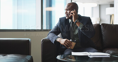 Buy stock photo Thinking, business and black man with phone call in office for discussion, chat and expansion update. Realtor, plan and conversation on mobile for property development, lease proposal and negotiation