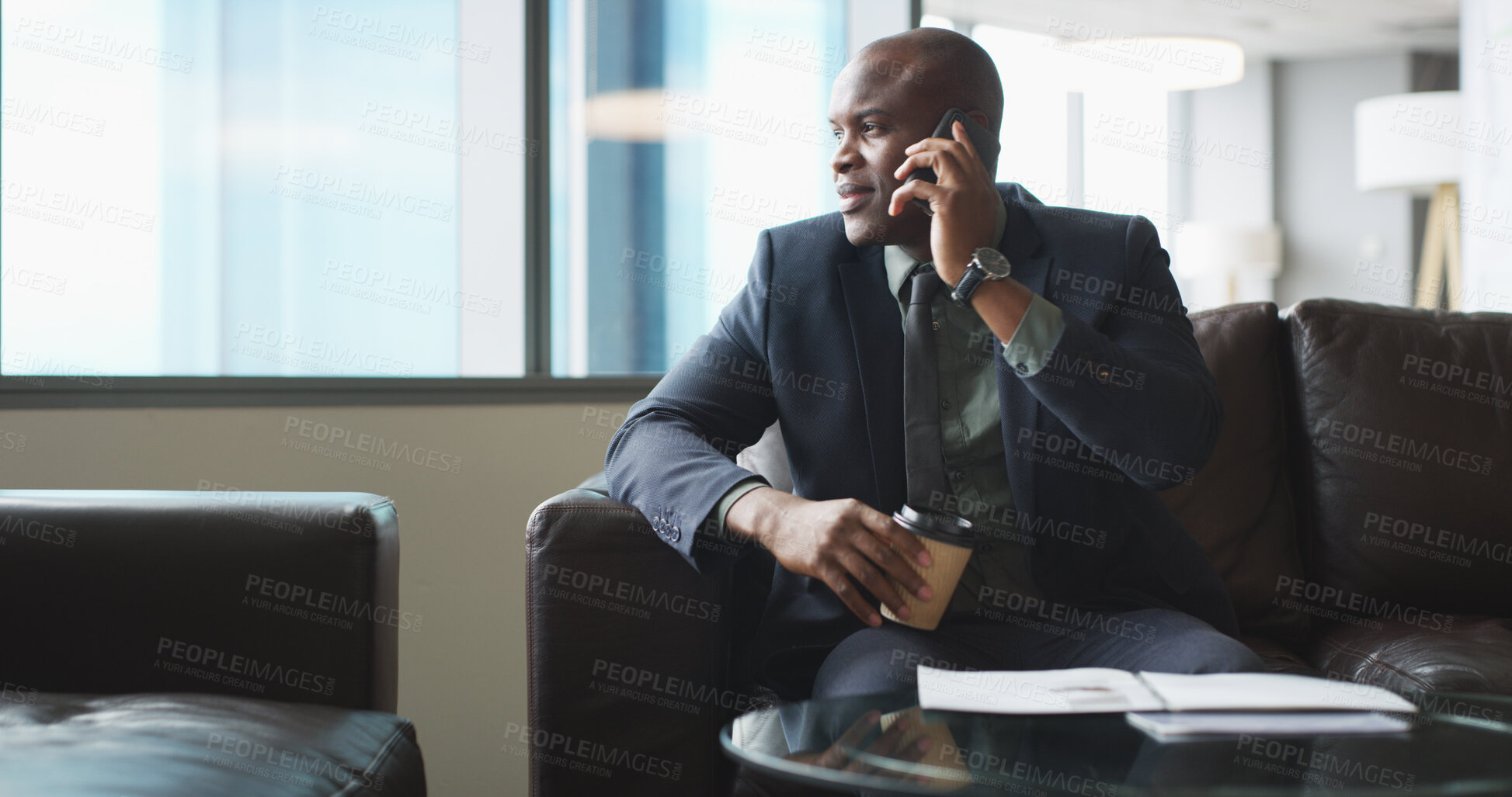 Buy stock photo Thinking, business and black man with phone call in office for discussion, chat and expansion update. Realtor, plan and conversation on mobile for property development, lease proposal and negotiation