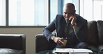Business, black man and reading document with phone call for discussion, finance contact and investment. Person, mobile and talking with paperwork, financial report and chat for proposal information