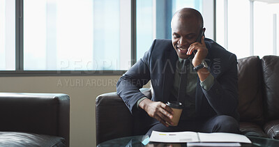 Buy stock photo Business, black man and reading document with phone call for discussion, finance contact and investment. Person, mobile and talking with paperwork, financial report and chat for proposal information
