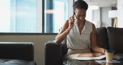 Buy stock photo Business, woman and reading document with phone call for discussion, finance contact and investment. Person, mobile and paperwork for conversation, financial report and chat for proposal information