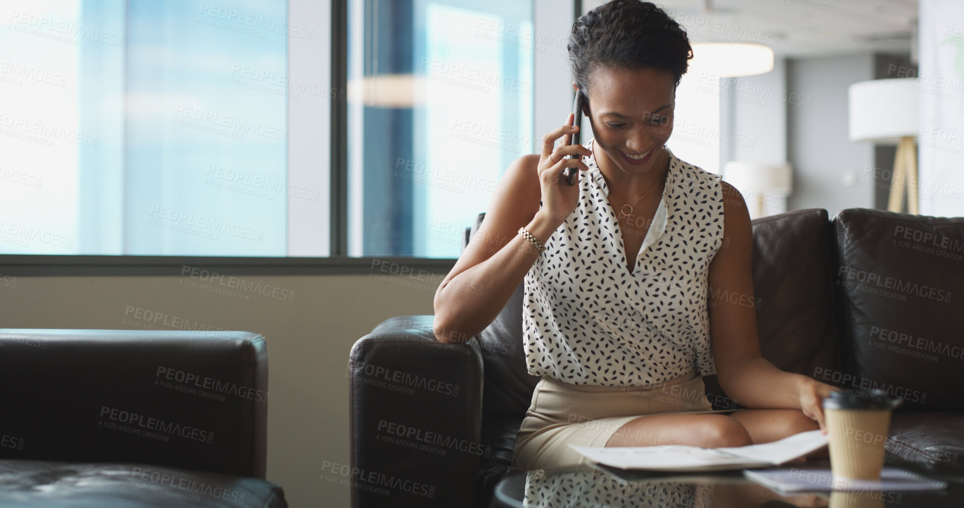 Buy stock photo Business, woman and reading document with phone call for discussion, finance contact and investment. Person, mobile and paperwork for conversation, financial report and chat for proposal information