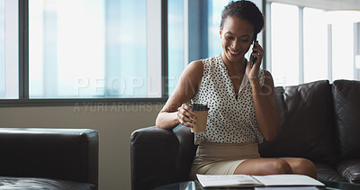 Buy stock photo Smile, business and woman with phone call at hotel for discussion, finance contact and investment. Person, mobile and paperwork for conversation, financial report and chat for proposal information
