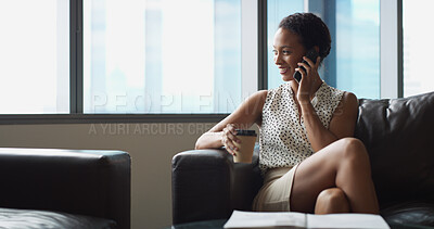 Buy stock photo Happy, business and woman with phone call in office for discussion, feedback and viewing schedule. Smile, realtor or conversation on mobile for property development, client consultation and B2B offer