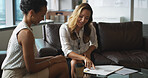 Reading, documents or business women in meeting for budget feedback, research or review. Director, financial manager or analyst talking in office with teamwork, portfolio or info for project funding