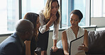 Business people, document or review in meeting for budget feedback, research and planning. Director, financial manager or talking in boardroom with teamwork, documents or advice for project funding