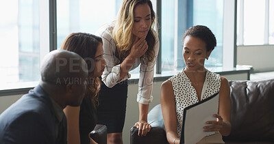 Buy stock photo Business people, document or review in meeting for budget feedback, research and planning. Director, financial manager or talking in boardroom with teamwork, documents or advice for project funding