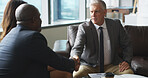 CEO, business people and handshake for deal, agreement and investment for company integration. Buyer, meeting and shaking hands in office for contract, partnership acquisition or thank you for merger