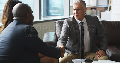 Buy stock photo CEO, business people and handshake for deal, agreement and investment for company integration. Buyer, meeting and shaking hands in office for contract, partnership acquisition or thank you for merger