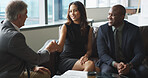 Handshake, meeting and team with business people in office for regional plan, urban developer or b2b. Partnership, realtor regulation and property acquisition with employees for agreement and welcome