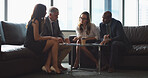 Teamwork, office and business people in meeting in lobby for negotiation, collaboration and discussion. Corporate, professional and men with women for feedback, strategy and planning for proposal
