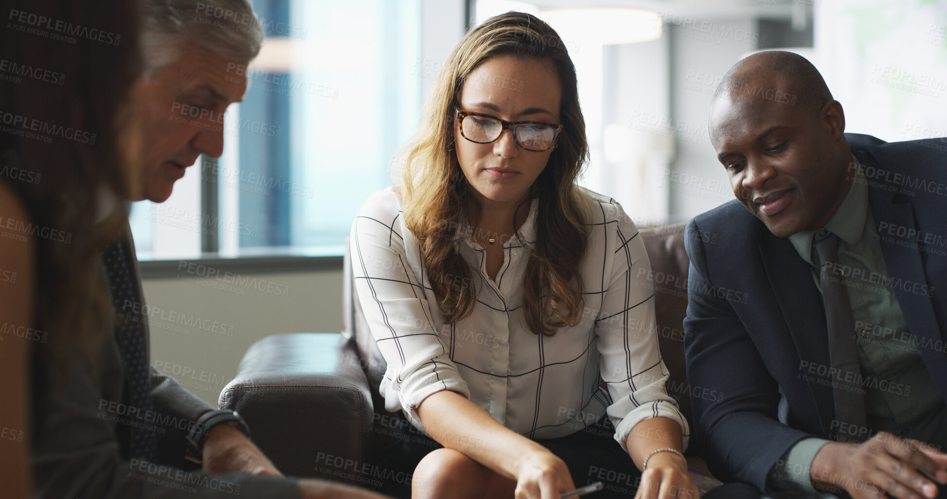 Buy stock photo Office, discussion and meeting with business people for proposal, collaboration or agenda. Feedback, teamwork and B2B planning with review for project management, networking or workshop communication