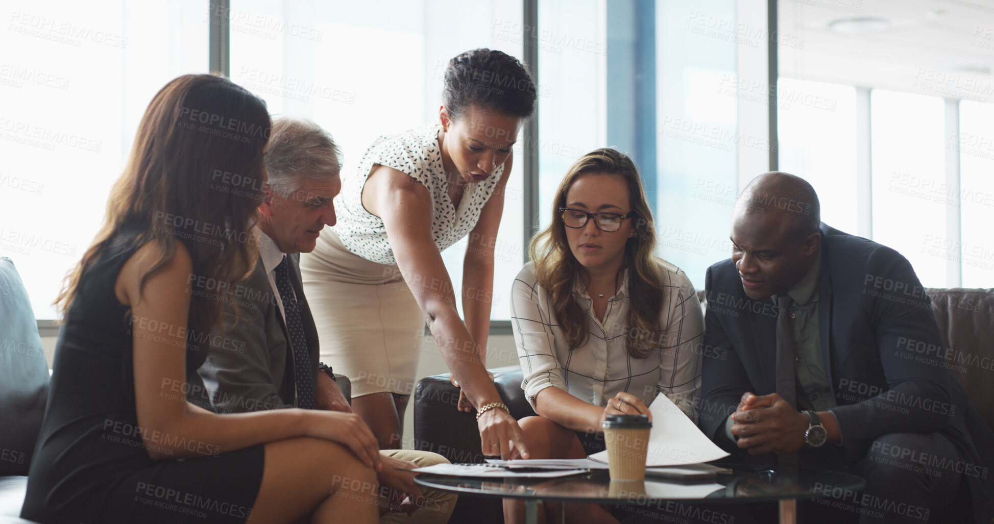 Buy stock photo Office, document and meeting with business people for proposal, discussion or agenda. Paperwork, teamwork and B2B contract with review for project management, networking or workshop communication