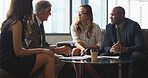 Business, finance and people with meeting in office for financial compliance, planning or feedback. Analysts, team and happy with discussion for budget review, collaboration and investment strategy