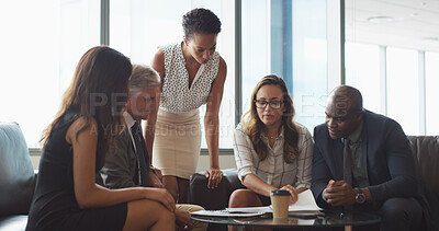 Buy stock photo Conversation, meeting and business people with documents, cooperation or budget report. Group, accounting or employees in workplace, discussion and advice for financial proposal, invest and feedback