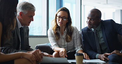 Buy stock photo Discussion, meeting or business people in office, documents or feedback for budget report. Group, accounting or employees with conversation, proposal or advice for financial investment or cooperation