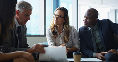 Buy stock photo Documents, meeting and business people in office, communication or feedback for budget report. Group, accounting or employees in workplace, discussion and advice for investment and review proposal