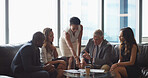 Conversation, accounting and business people in office, planning or feedback for budget report. Group, cooperation or employees in meeting, talking or advice for financial investment or profit growth