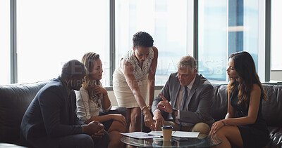 Buy stock photo Conversation, accounting and business people in office, planning or feedback for budget report. Group, cooperation or employees in meeting, talking or advice for financial investment or profit growth