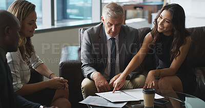 Buy stock photo Paperwork, discussion or business people in office, planning or feedback for budget report. Group, accounting or employee point in meeting, conversation or advice for financial proposal or investment