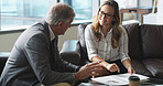 Office, financial consultant and business people with documents in meeting for budget report. Professional, corporate and man with woman with paperwork for finance review, company audit or investment