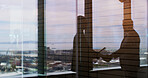 Silhouette, handshake and meeting with business people in office for contract, deal and thank you. Partnership, shaking hands and window with employees in agency for teamwork, support and opportunity