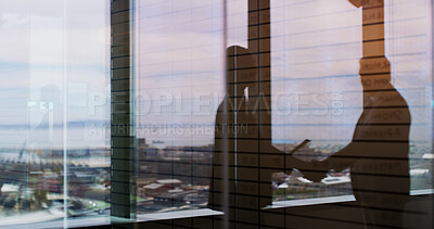 Buy stock photo Silhouette, handshake and meeting with business people in office for contract, deal and thank you. Partnership, shaking hands and window with employees in agency for teamwork, support and opportunity