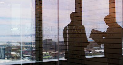 Buy stock photo Silhouette, meeting and team with business people in office for regional plan, urban developer and b2b. Partnership, zoning code regulation and property acquisition with employees for infrastructure