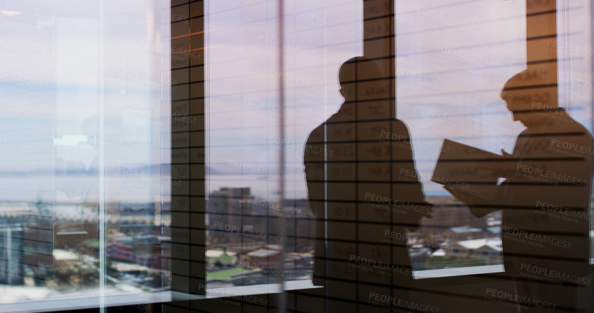 Buy stock photo Silhouette, meeting and team with business people in office for regional plan, urban developer and b2b. Partnership, zoning code regulation and property acquisition with employees for infrastructure
