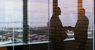 Buy stock photo Reflection, handshake and welcome with business people and window for contract, deal and thank you. Partnership, shaking hands and respect with employees for teamwork, support and opportunity