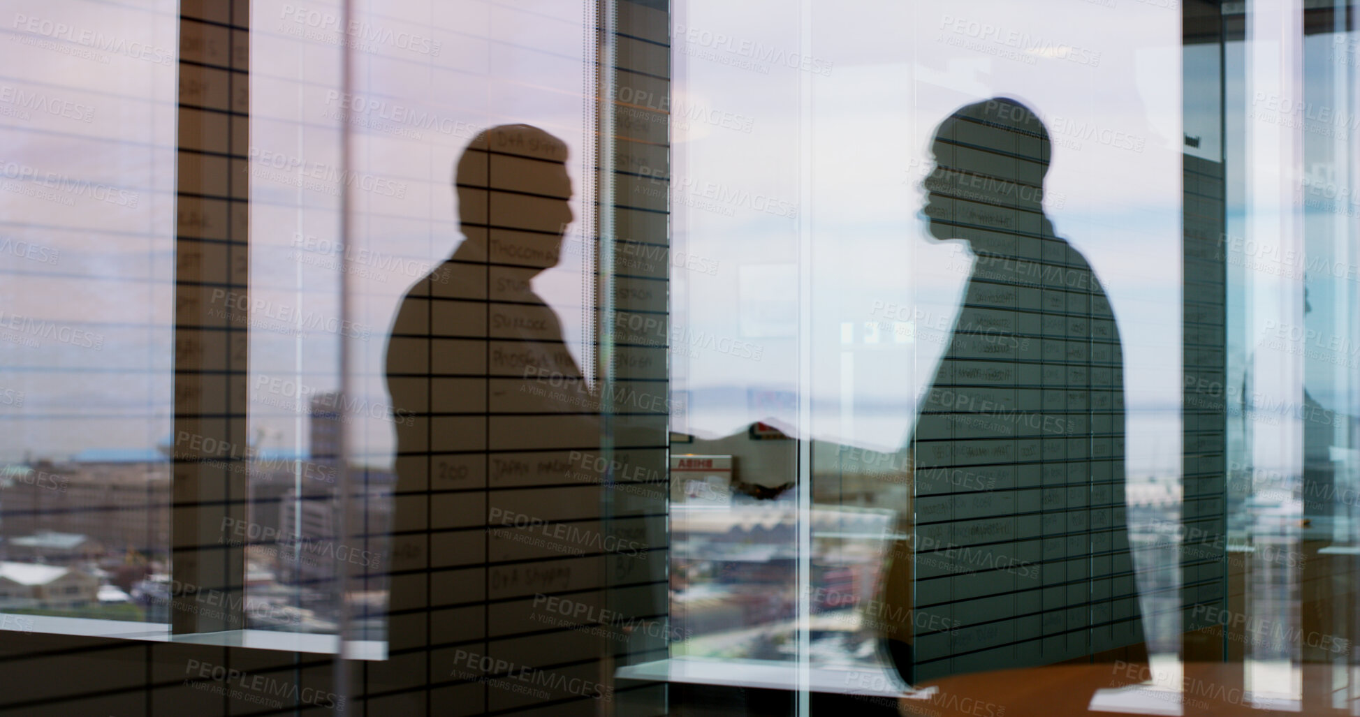 Buy stock photo Businessmen, silhouette and window with handshake in double exposure for deal or agreement. Colleagues, employees or shaking hands with vision for negotiation, meeting or partnership in city
