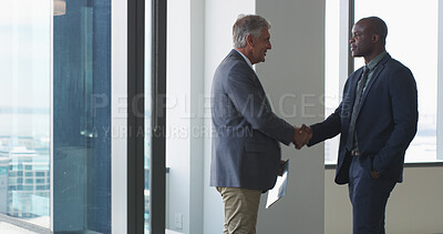 Buy stock photo Contract, handshake and meeting with business people in office for welcome, deal and thank you. Partnership, shaking hands and B2B with employees in agency for teamwork, support and opportunity